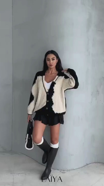 Cardigan Bicolore Noir et Crème